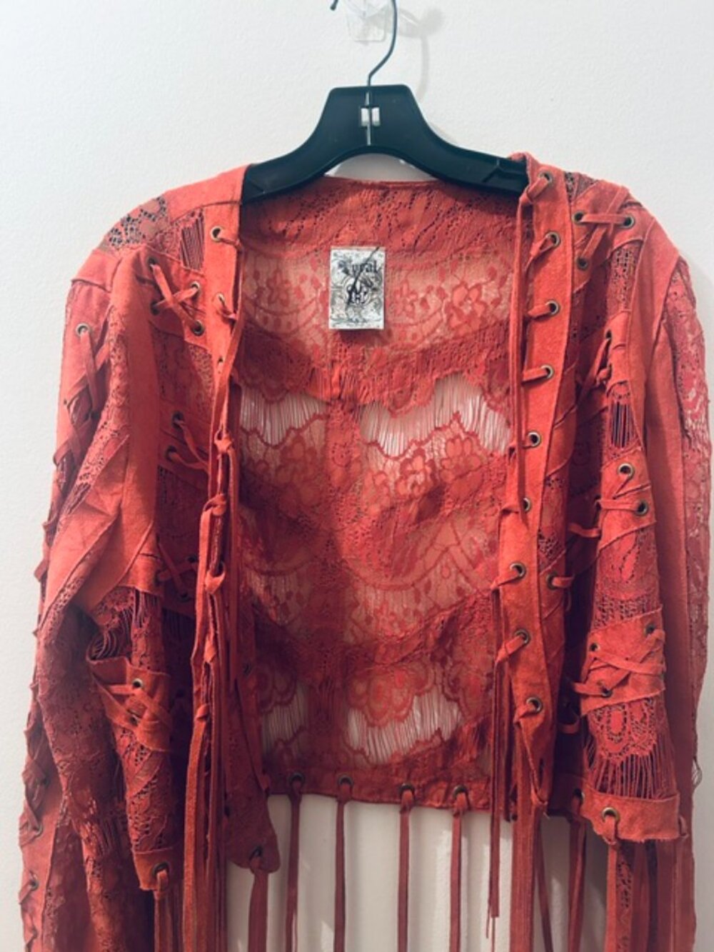 Vocal Women's Red Brick Suede Lace Stitching Fringe Open Tassel Jacket NEW - Picture 5 of 16
